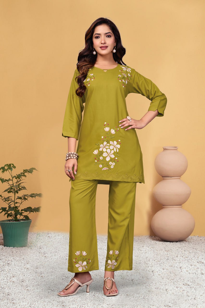 Pramukh Fab Mustard Color Viscose Rayon Co-ord Set