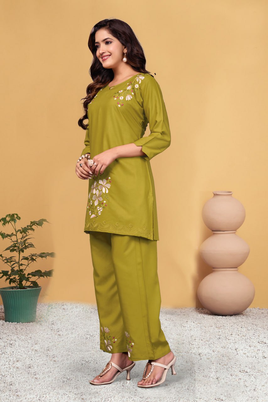 Pramukh Fab Mustard Color Viscose Rayon Co-ord Set