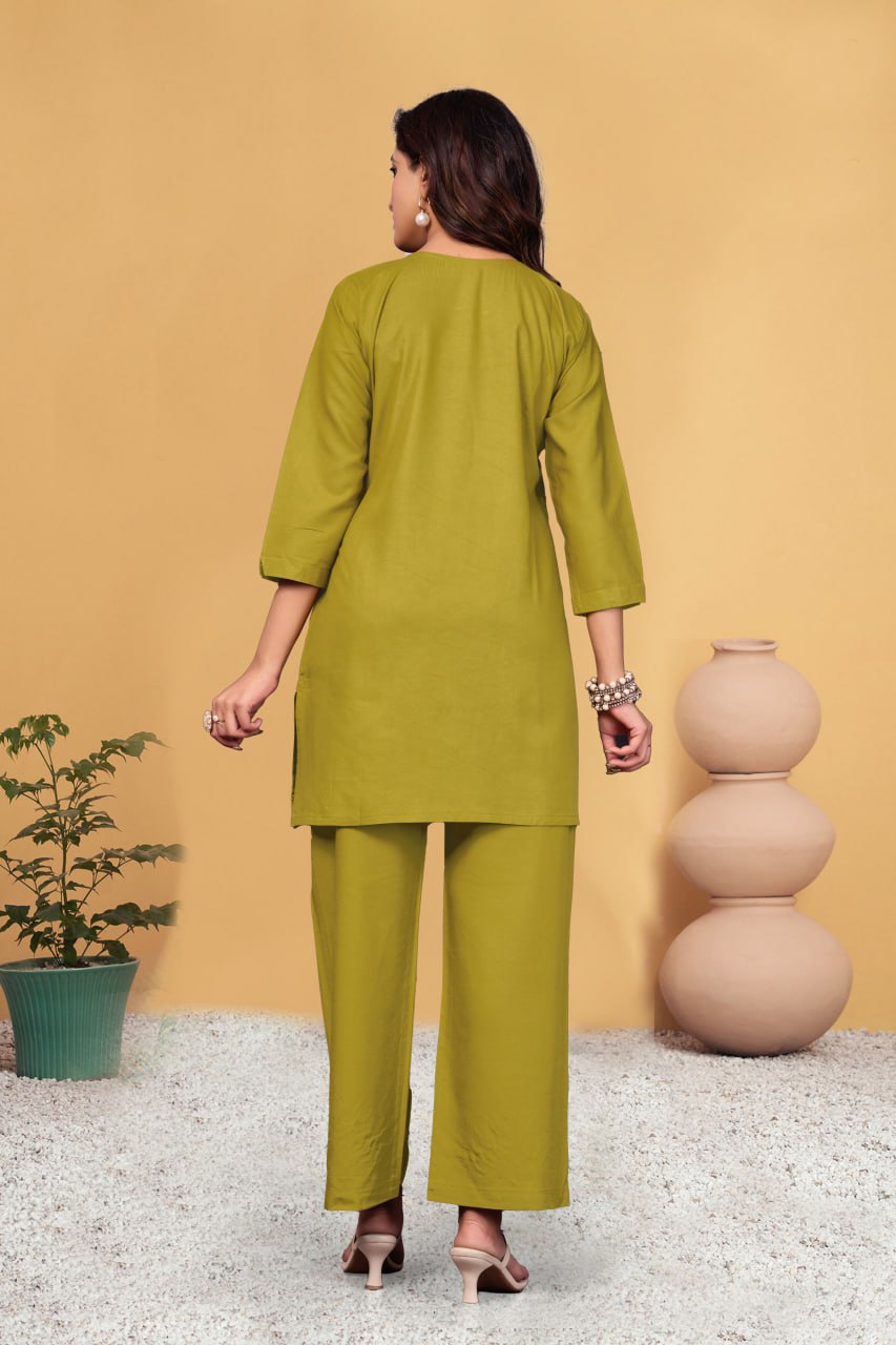 Pramukh Fab Mustard Color Viscose Rayon Co-ord Set