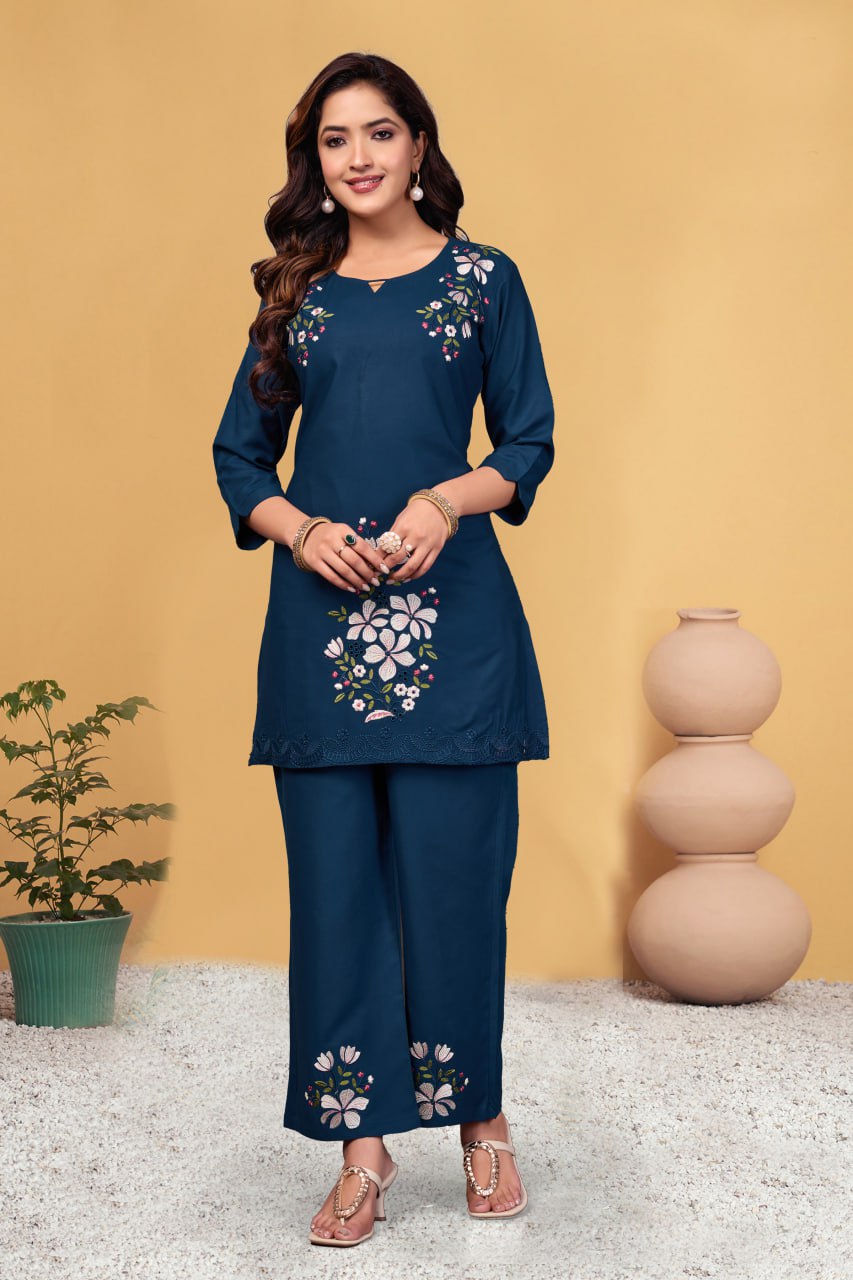 Pramukh Fab Navy Blue Color Viscose Rayon Co-ord Set