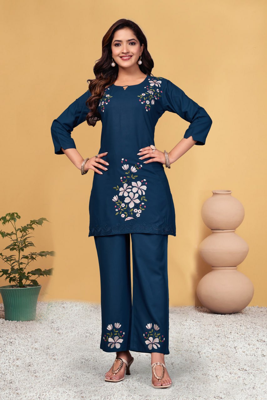 Pramukh Fab Navy Blue Color Viscose Rayon Co-ord Set