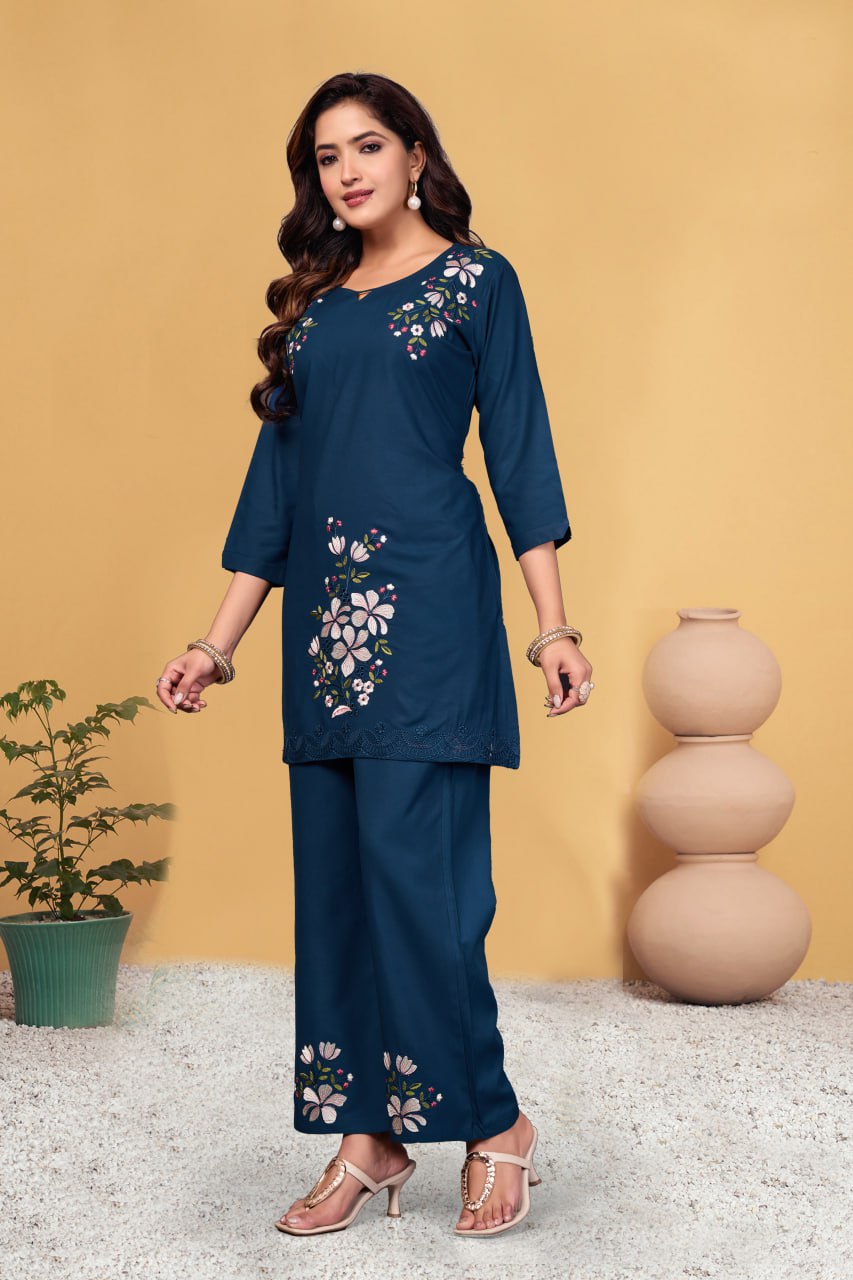Pramukh Fab Navy Blue Color Viscose Rayon Co-ord Set