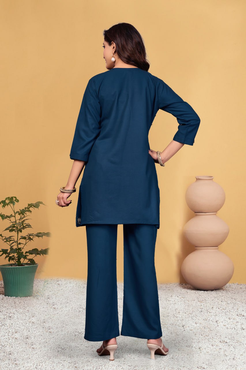 Pramukh Fab Navy Blue Color Viscose Rayon Co-ord Set