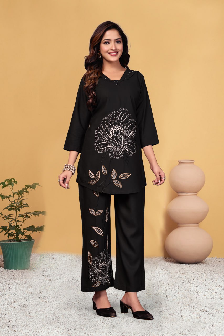 Pramukh Fab Black Color Viscose Rayon Co-ord Set