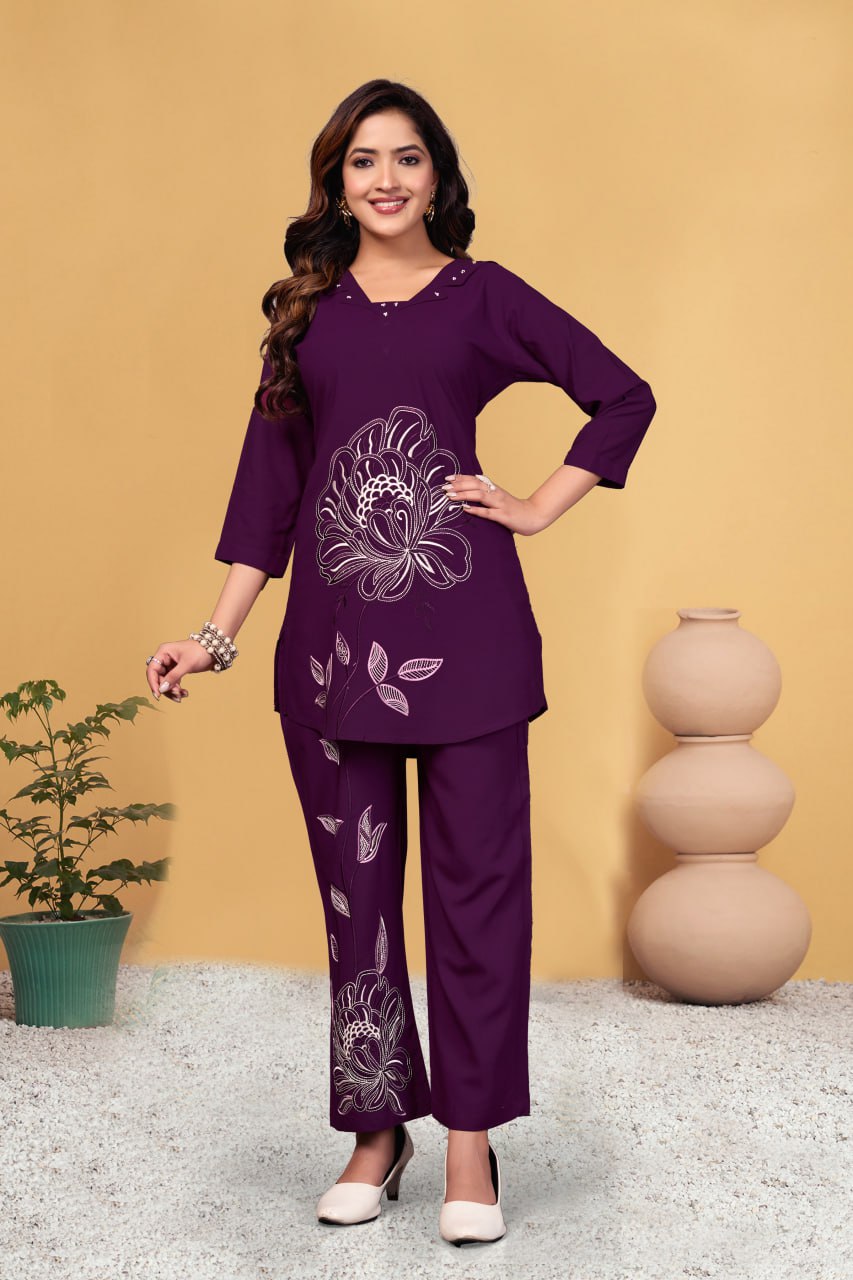 Pramukh Fab Plum Color Viscose Rayon Co-ord Set