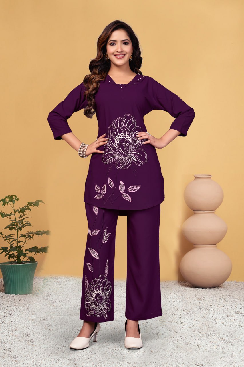 Pramukh Fab Plum Color Viscose Rayon Co-ord Set