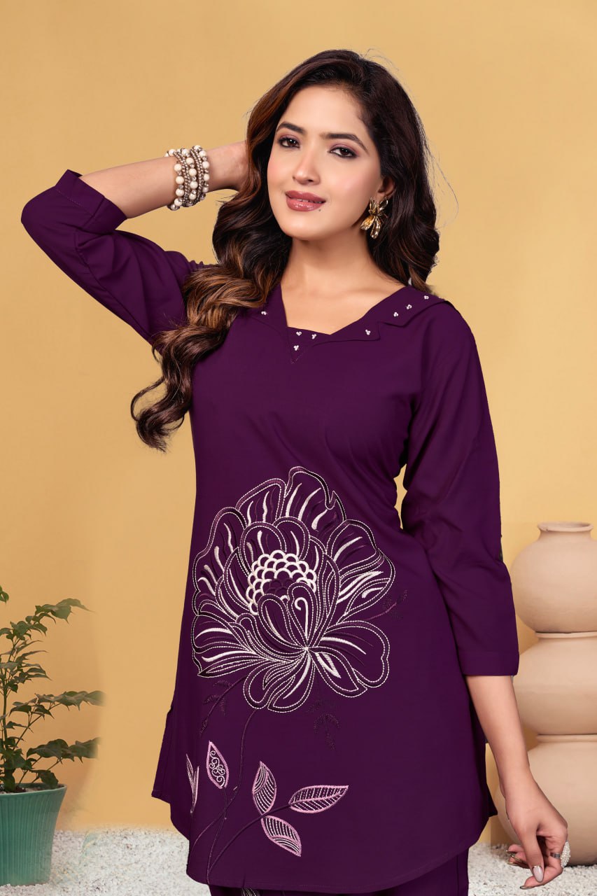 Pramukh Fab Plum Color Viscose Rayon Co-ord Set