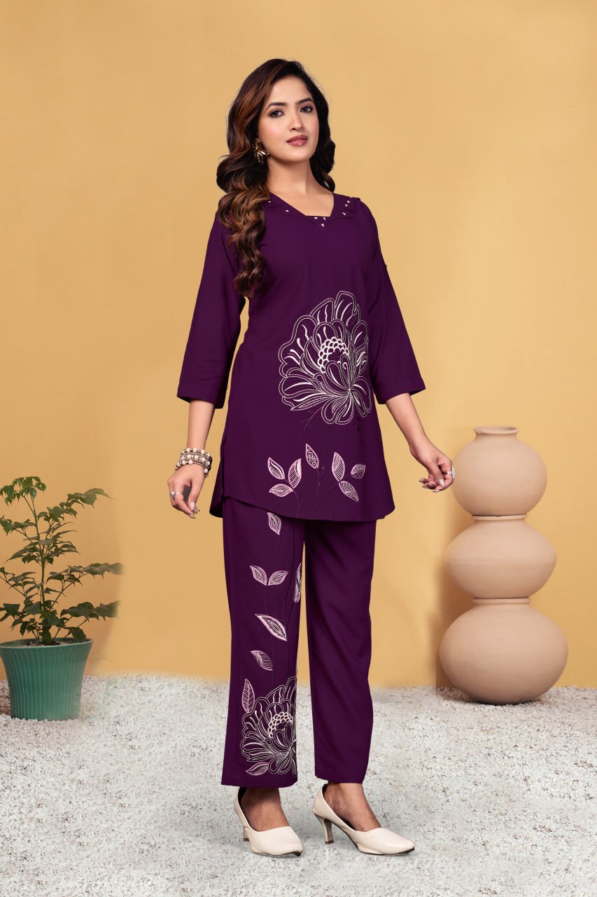 Pramukh Fab Plum Color Viscose Rayon Co-ord Set