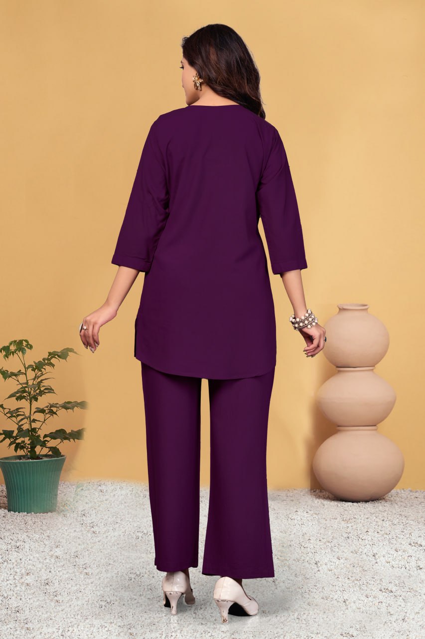 Pramukh Fab Plum Color Viscose Rayon Co-ord Set