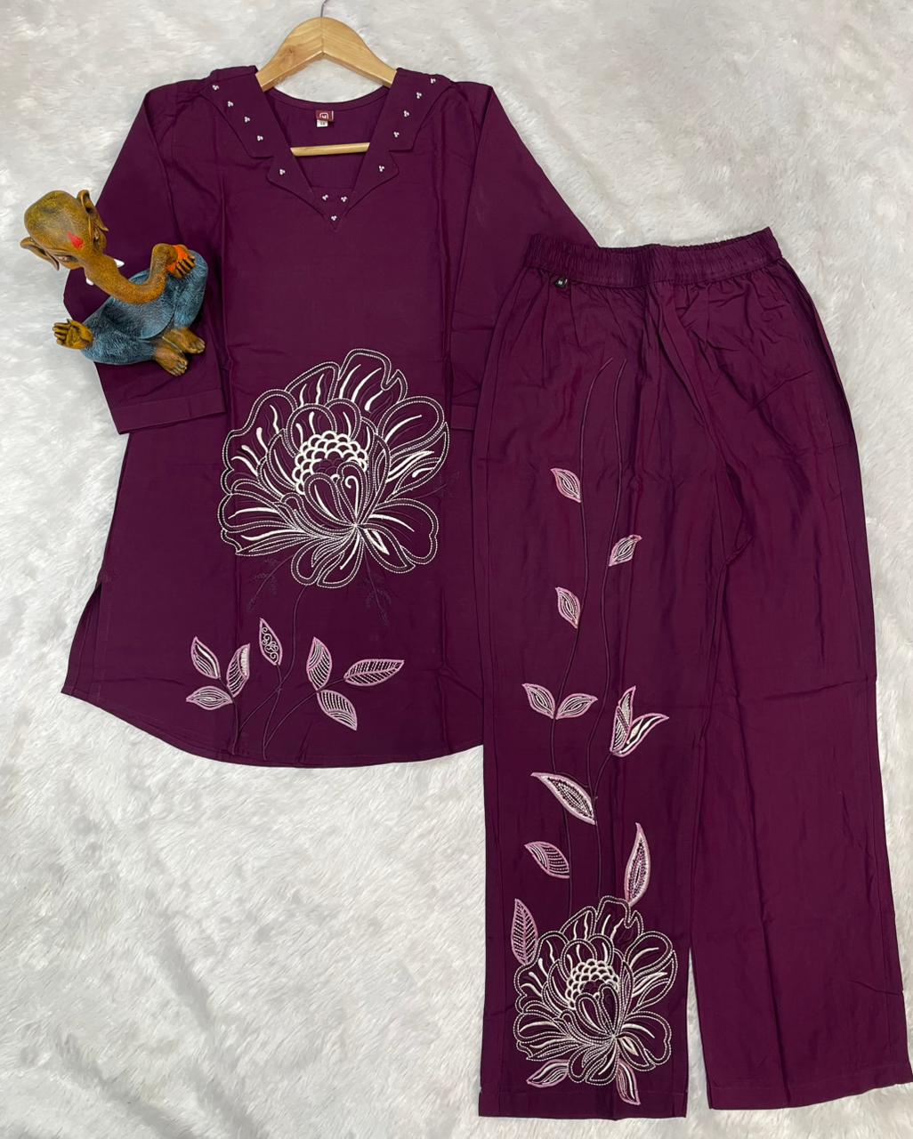 Pramukh Fab Plum Color Viscose Rayon Co-ord Set