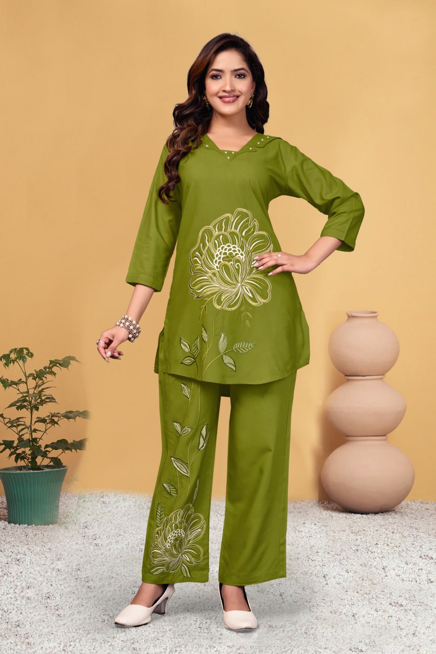 Pramukh Fab Olive Color Viscose Rayon Co-ord Set