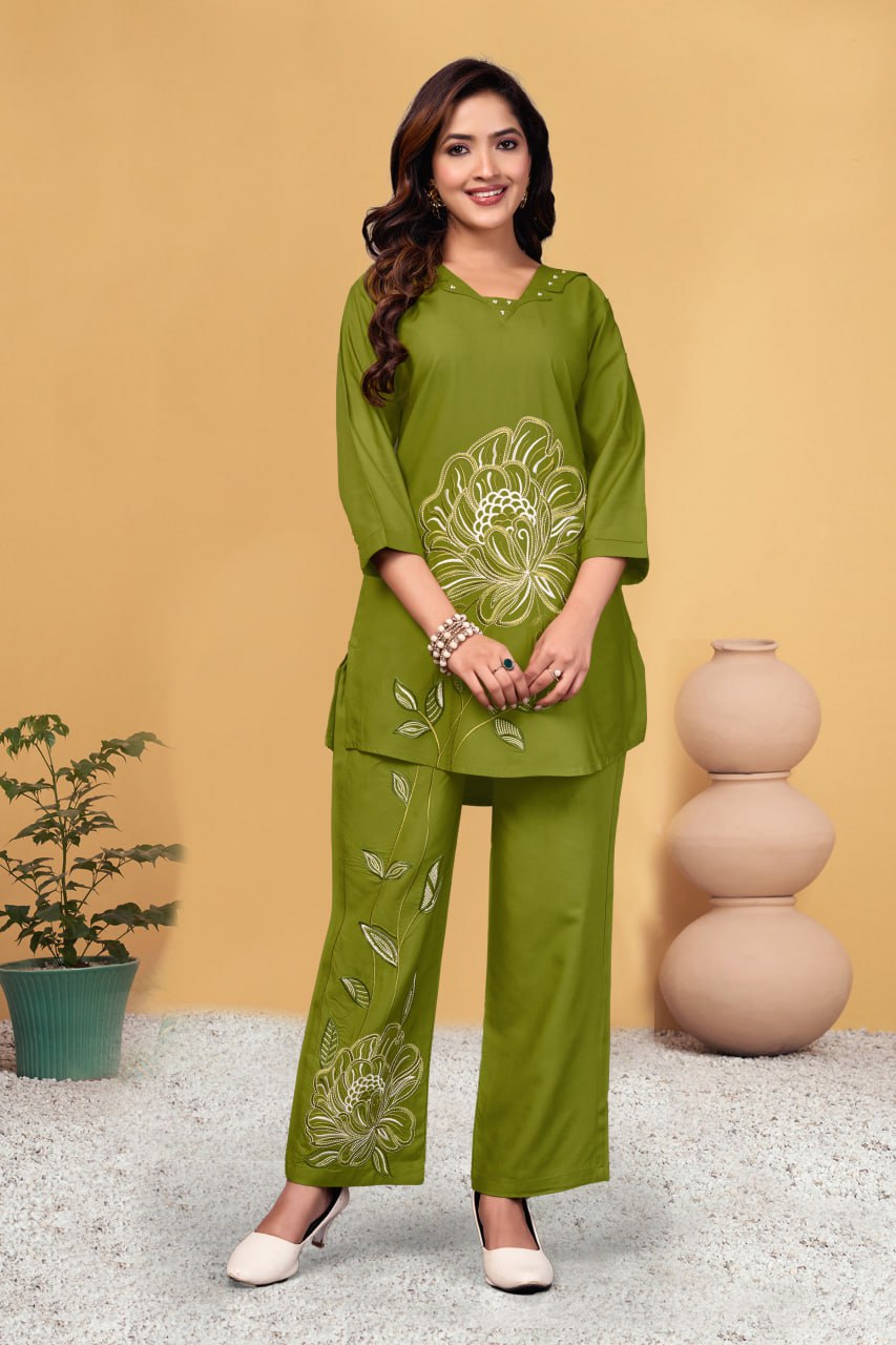Pramukh Fab Olive Color Viscose Rayon Co-ord Set