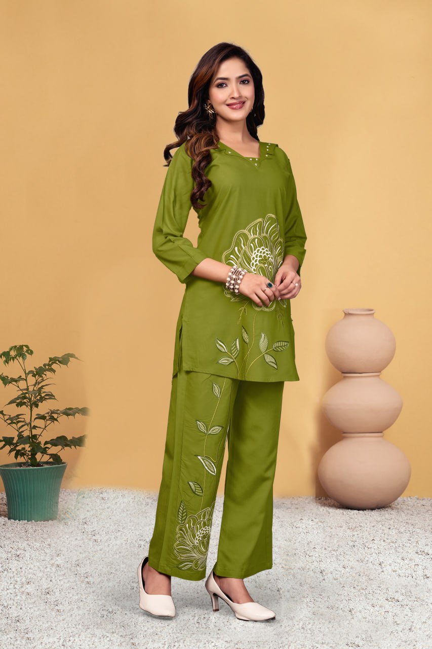 Pramukh Fab Olive Color Viscose Rayon Co-ord Set