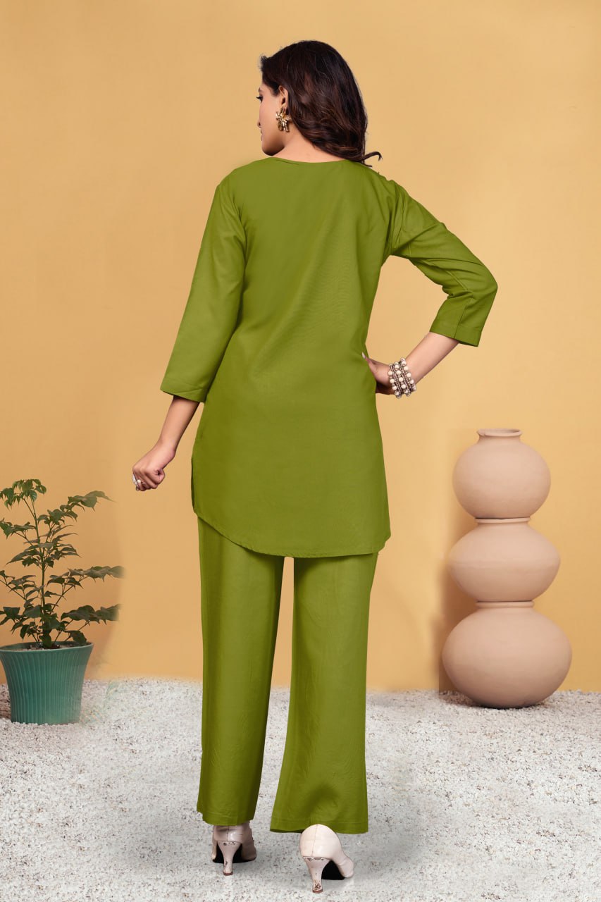 Pramukh Fab Olive Color Viscose Rayon Co-ord Set