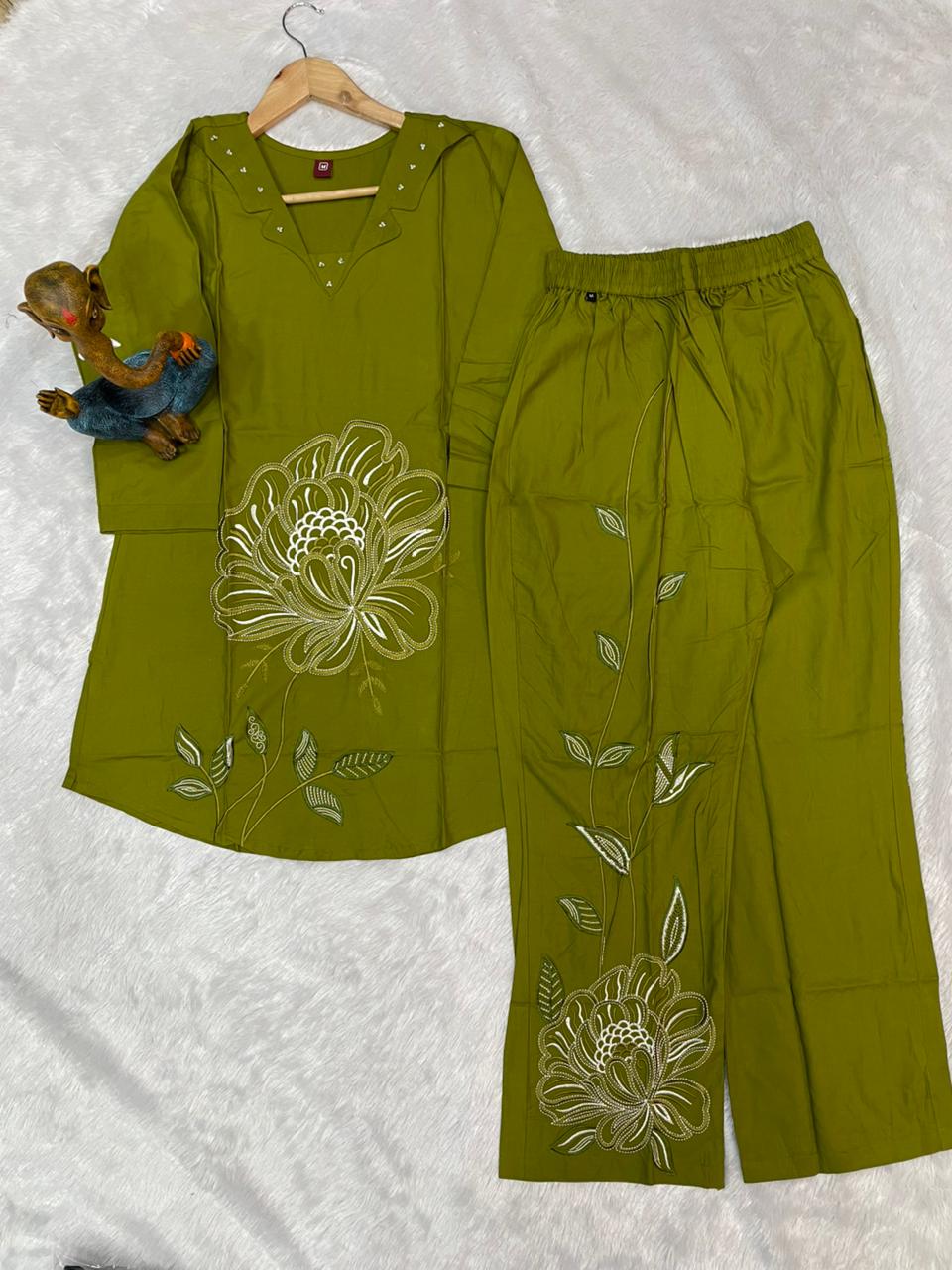 Pramukh Fab Olive Color Viscose Rayon Co-ord Set