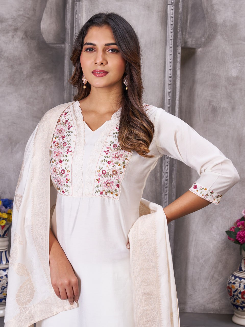 Pramukh Fab White Color Roman Silk Kurta Set
