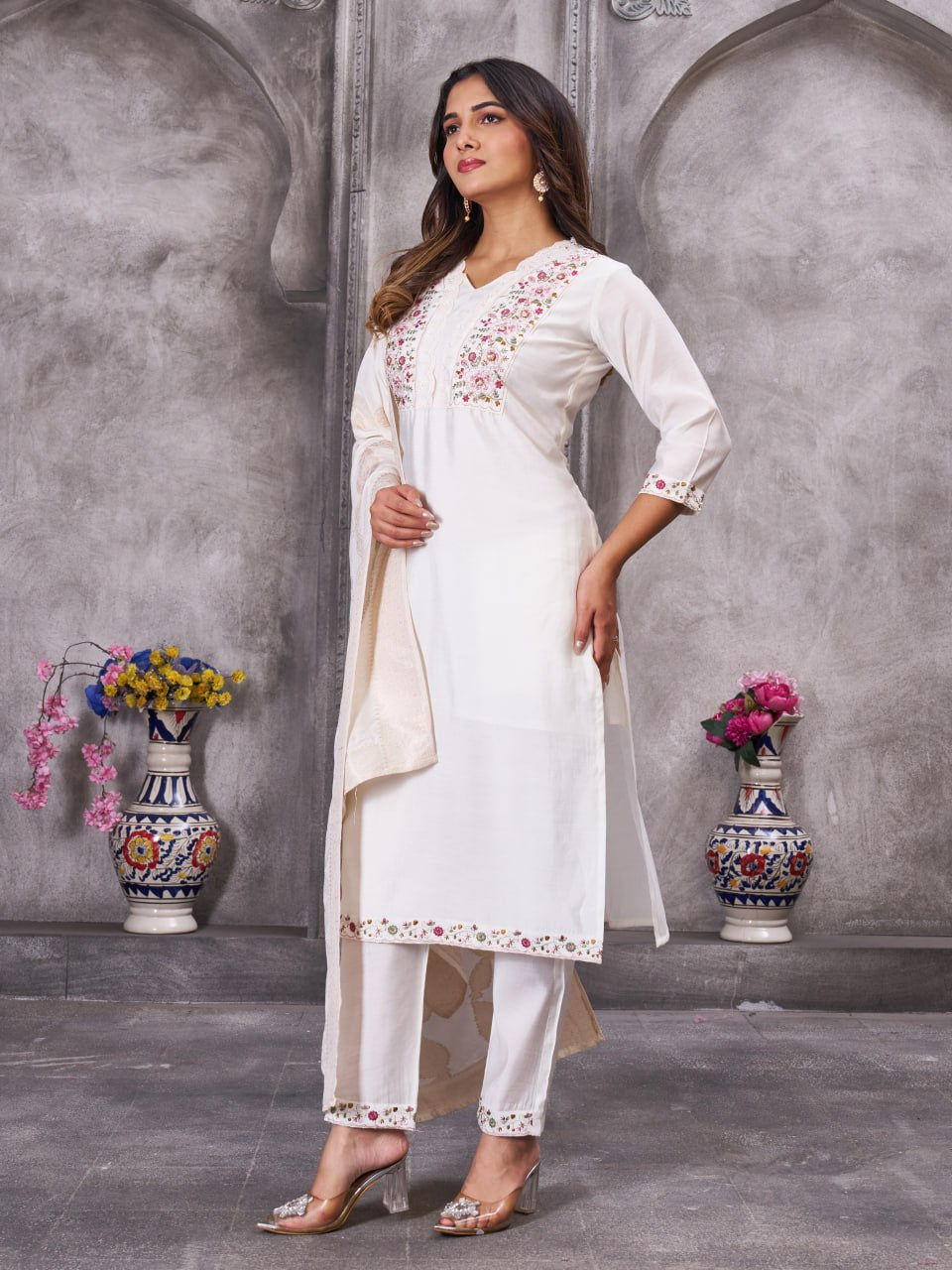 Pramukh Fab White Color Roman Silk Kurta Set