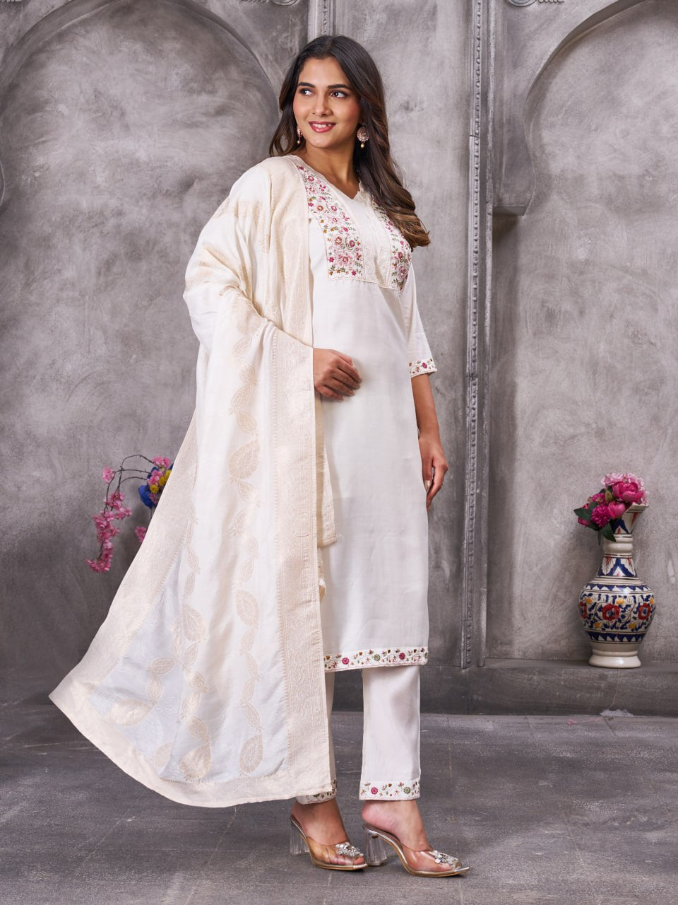 Pramukh Fab White Color Roman Silk Kurta Set