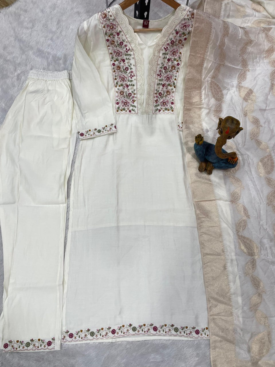Pramukh Fab White Color Roman Silk Kurta Set