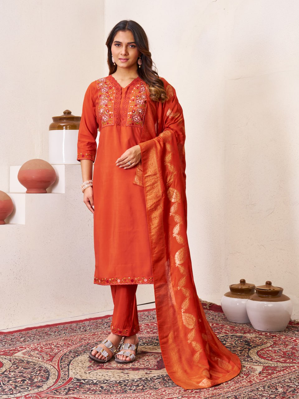 Pramukh Fab Orange Color Roman Silk Kurta Set