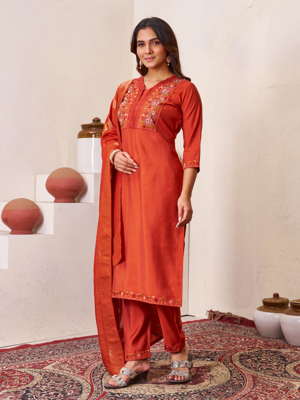 Pramukh Fab Orange Color Roman Silk Kurta Set