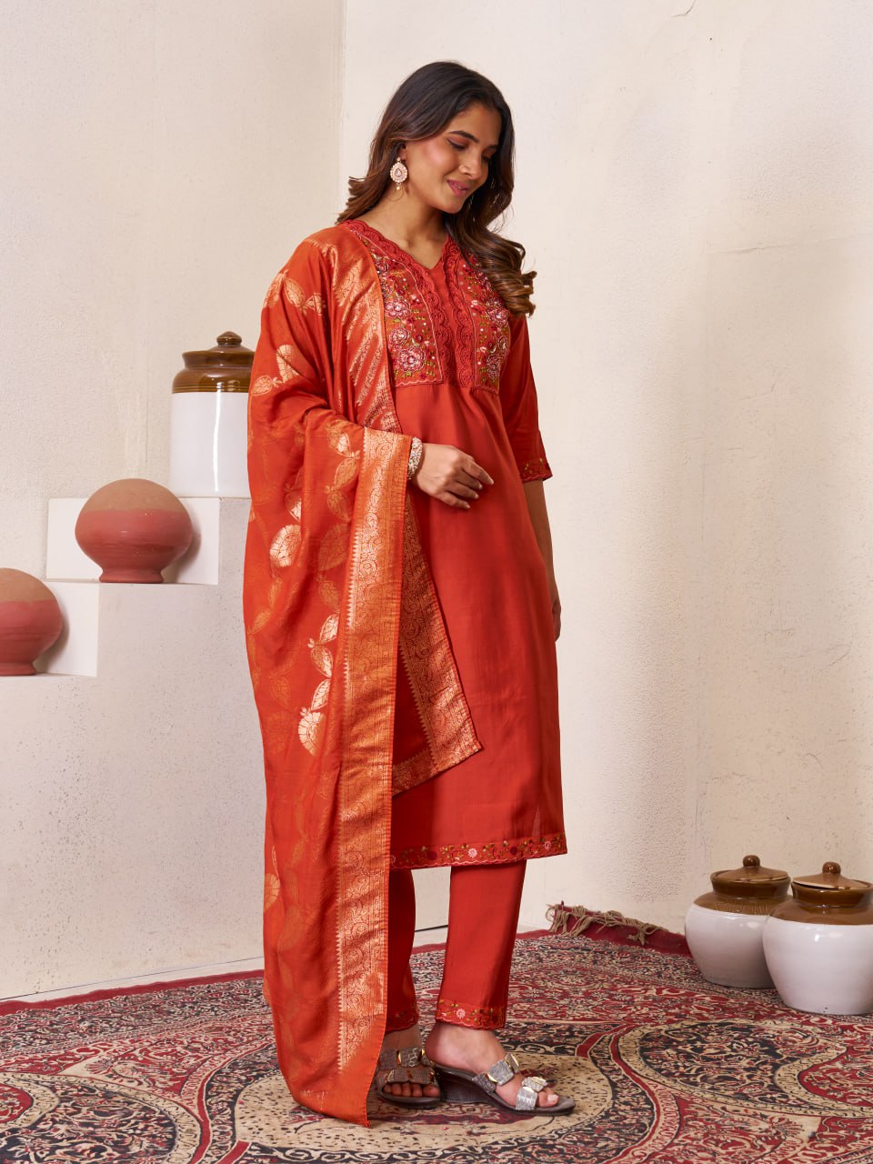 Pramukh Fab Orange Color Roman Silk Kurta Set