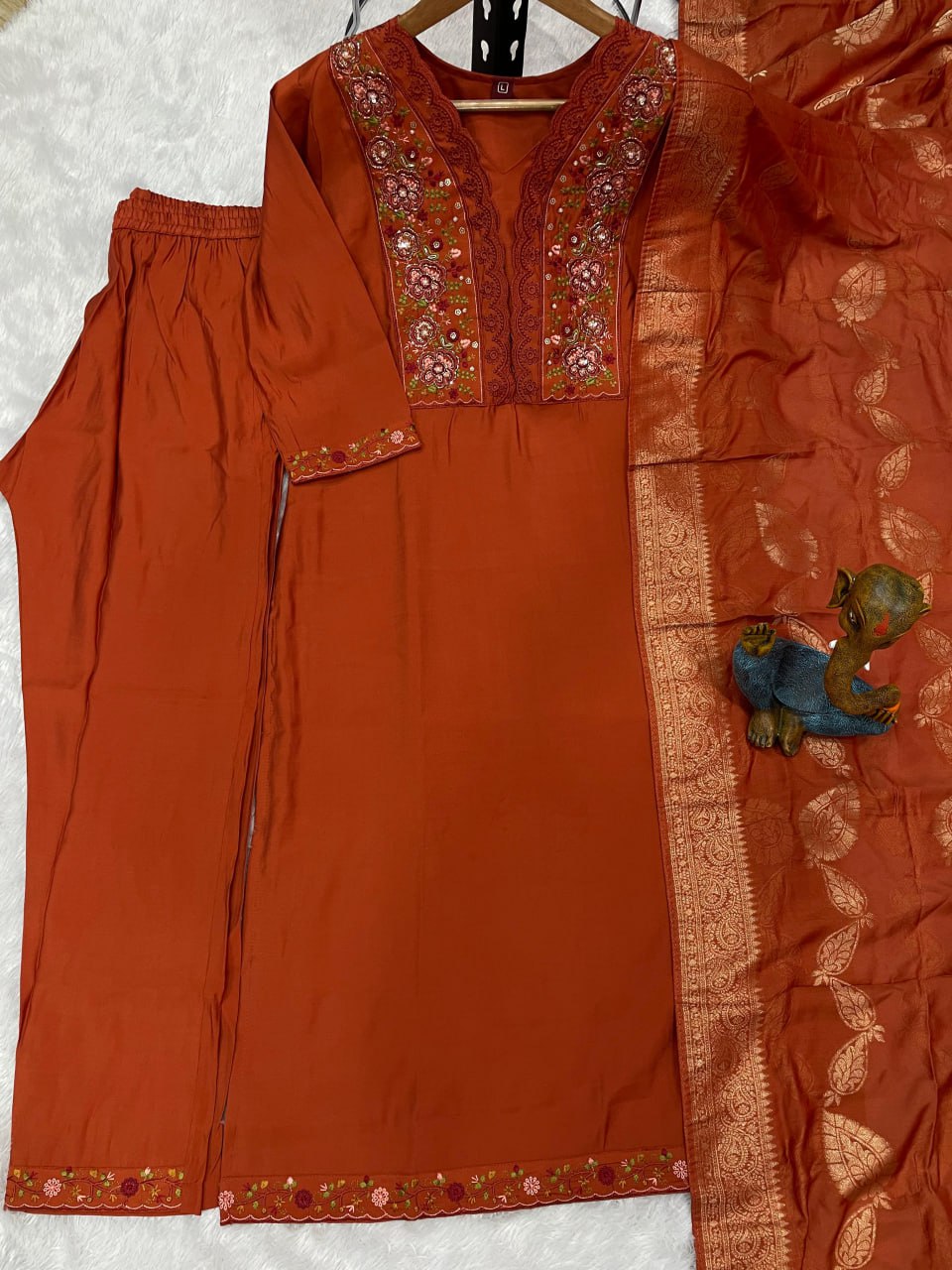 Pramukh Fab Orange Color Roman Silk Kurta Set