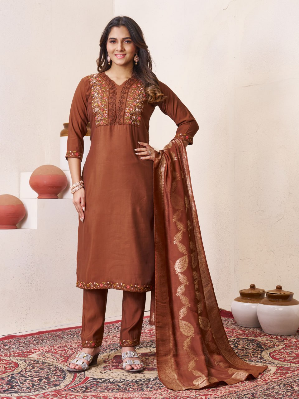 Pramukh Fab Brown Color Roman Silk Kurta Set