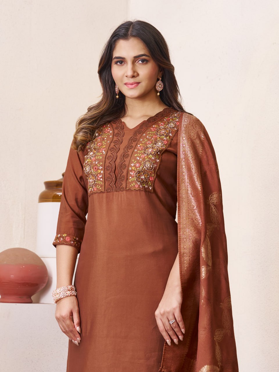 Pramukh Fab Brown Color Roman Silk Kurta Set