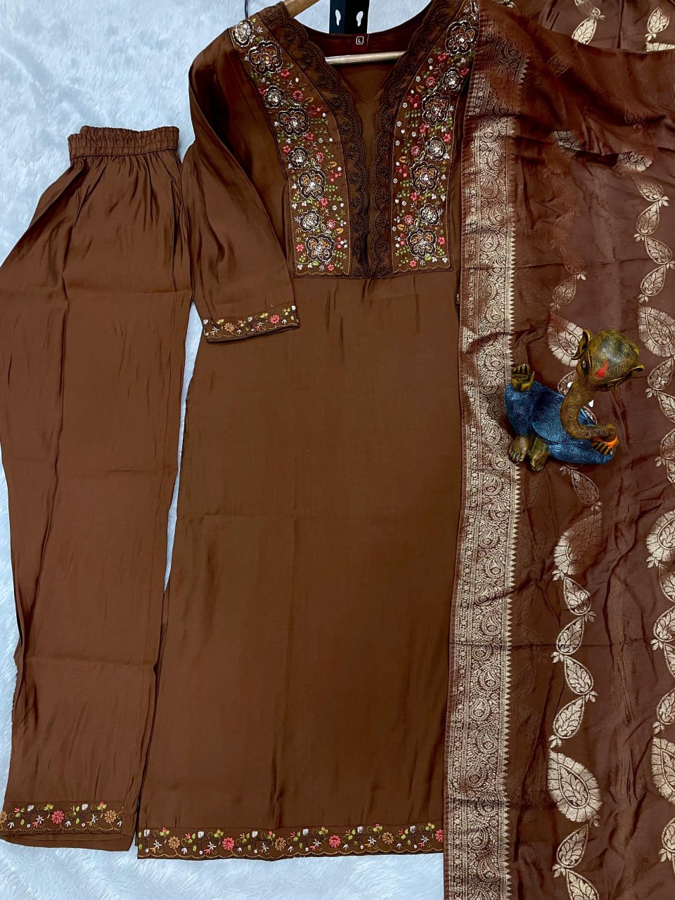 Pramukh Fab Brown Color Roman Silk Kurta Set