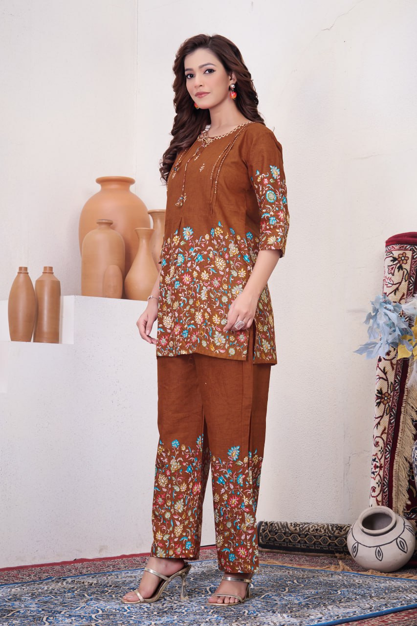 Pramukh Fab Brown Color Cotton Co-ord Set