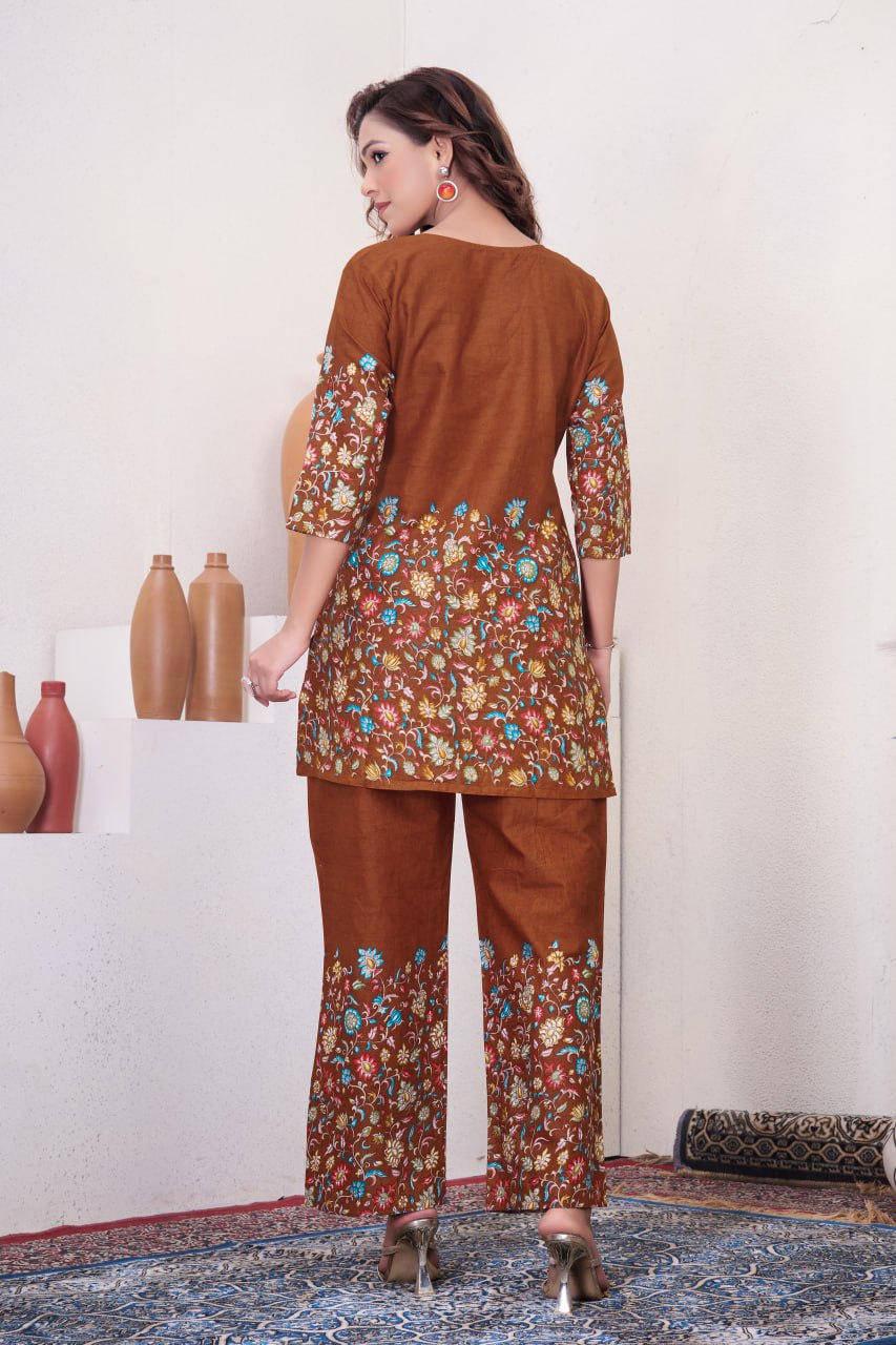 Pramukh Fab Brown Color Cotton Co-ord Set