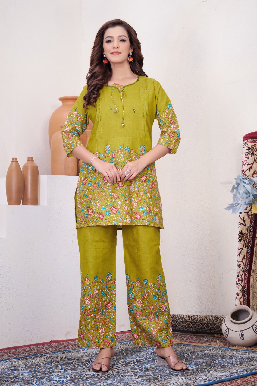 Pramukh Fab Olive Color Cotton Co-ord Set