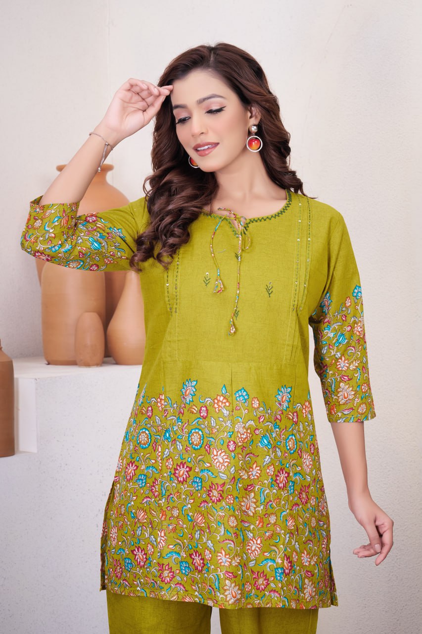 Pramukh Fab Olive Color Cotton Co-ord Set