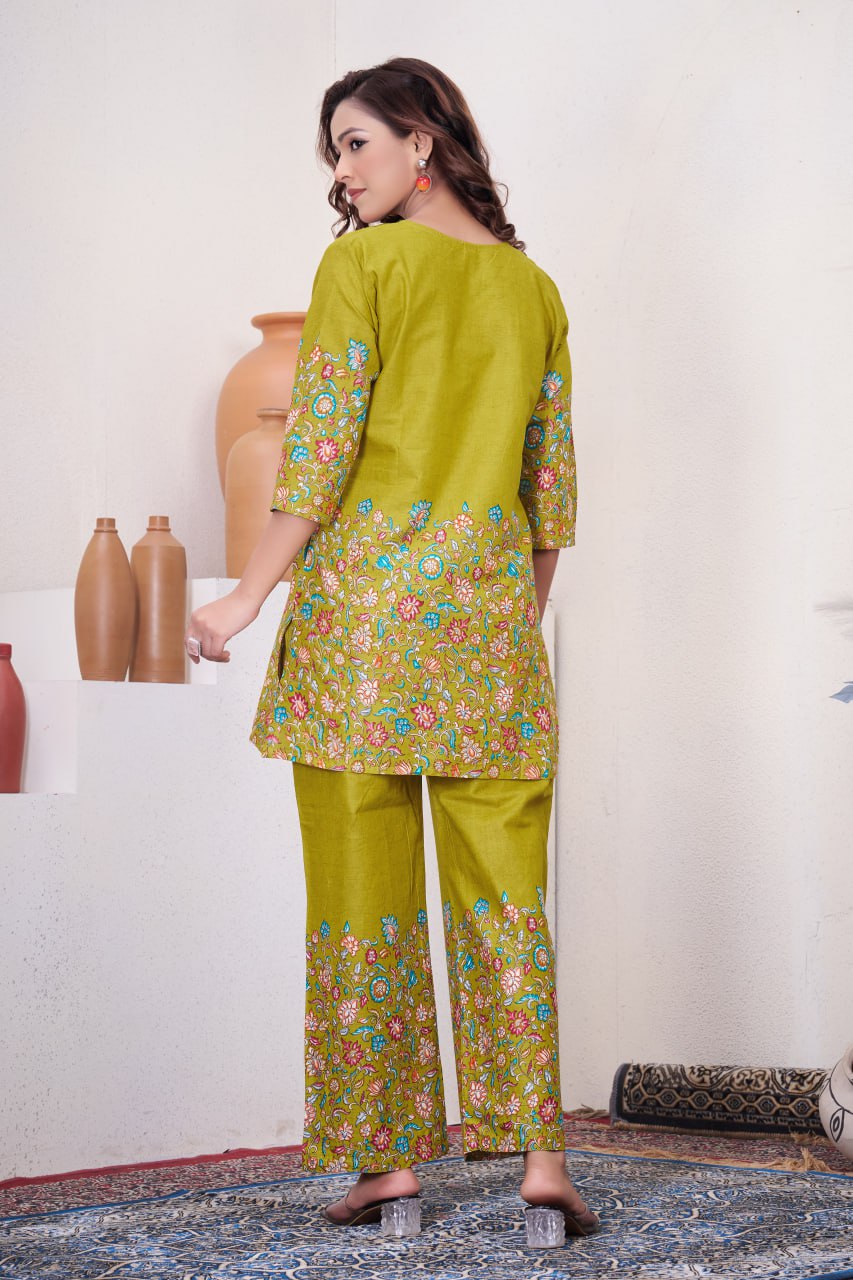 Pramukh Fab Olive Color Cotton Co-ord Set