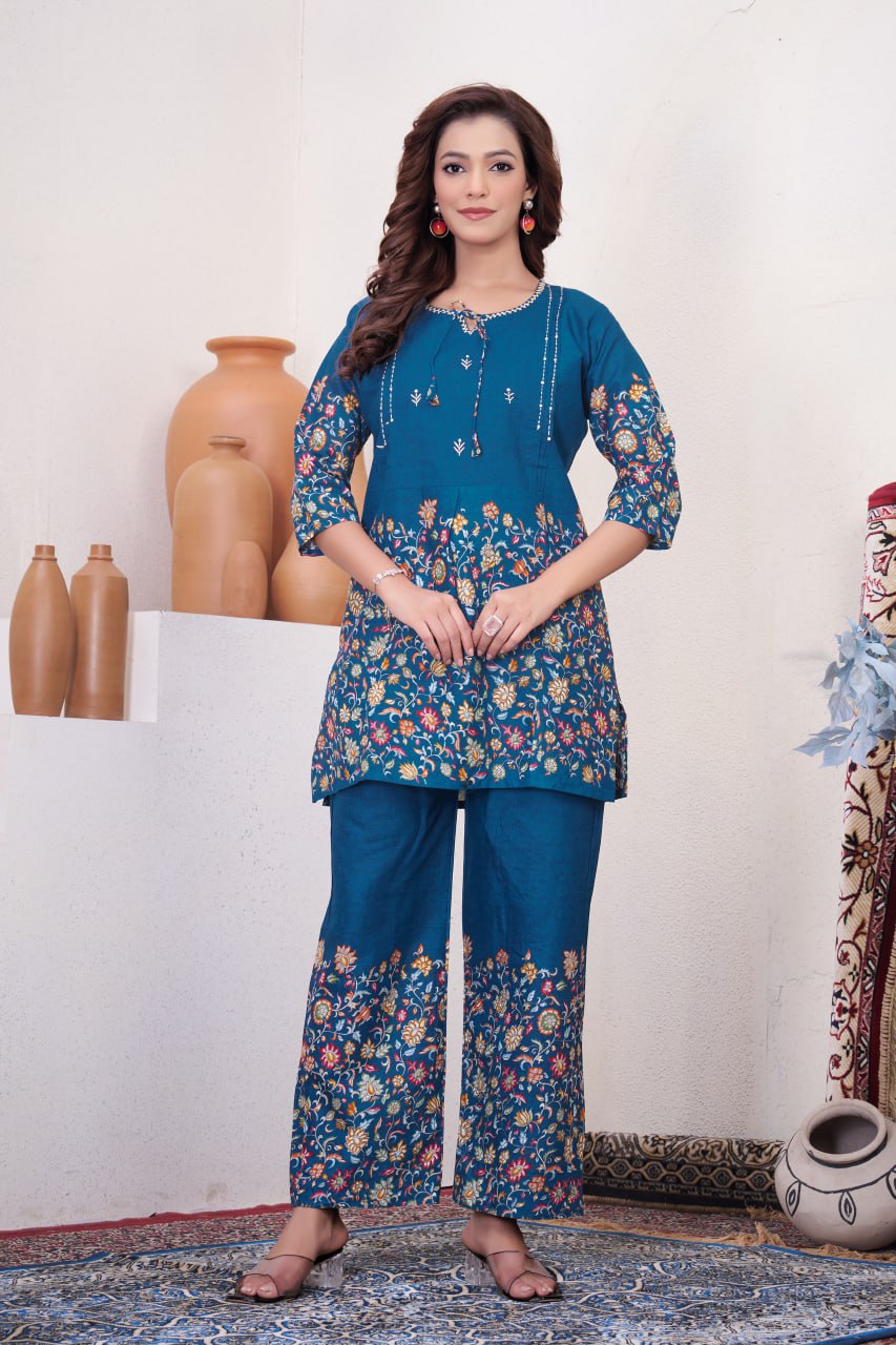 Pramukh Fab Teal Color Cotton Co-ord Set