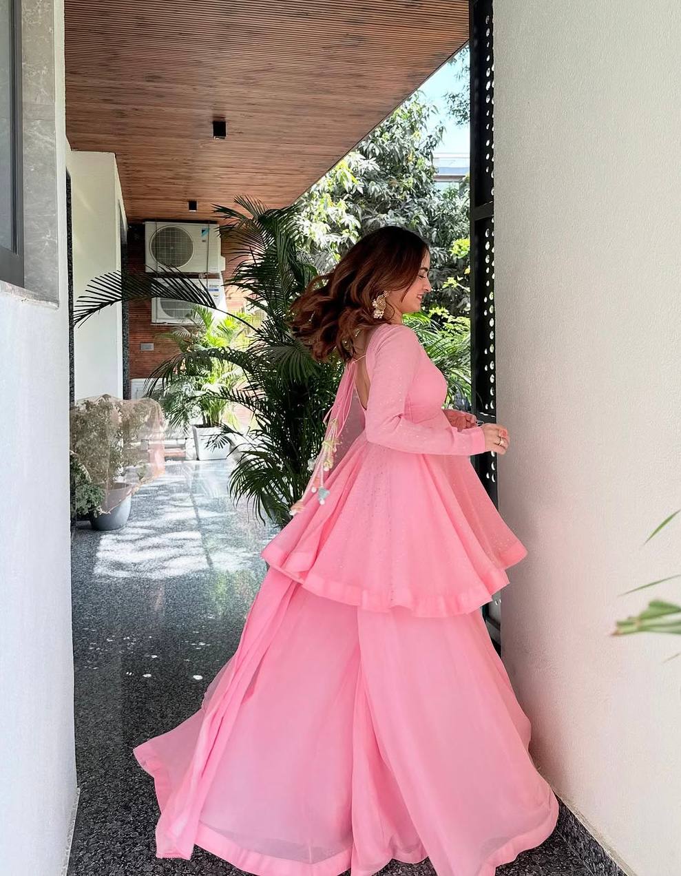 Yash Enterprise Pink Blooming Silk Party Wear Sharara Suit Set
