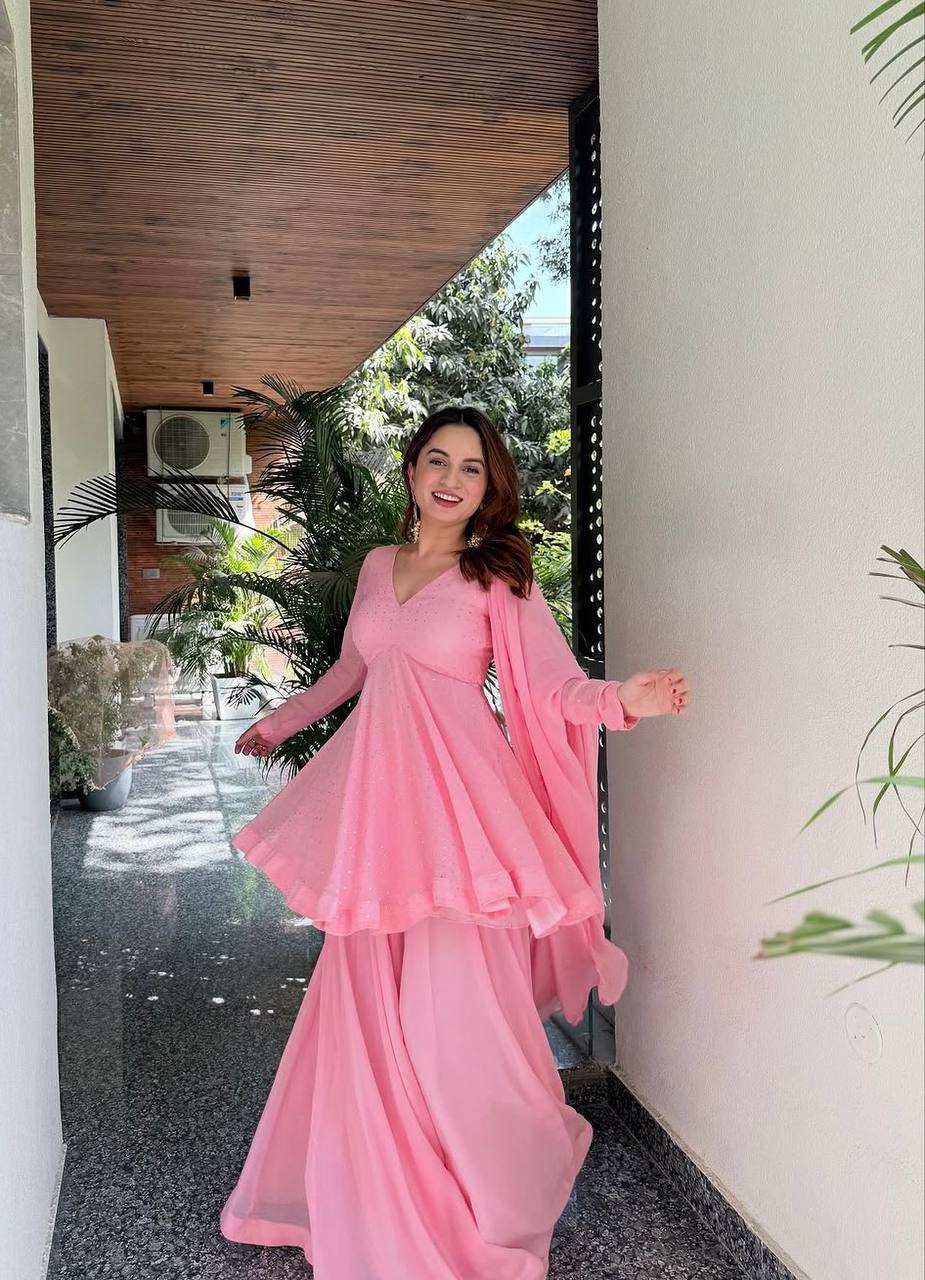 Yash Enterprise Pink Blooming Silk Party Wear Sharara Suit Set