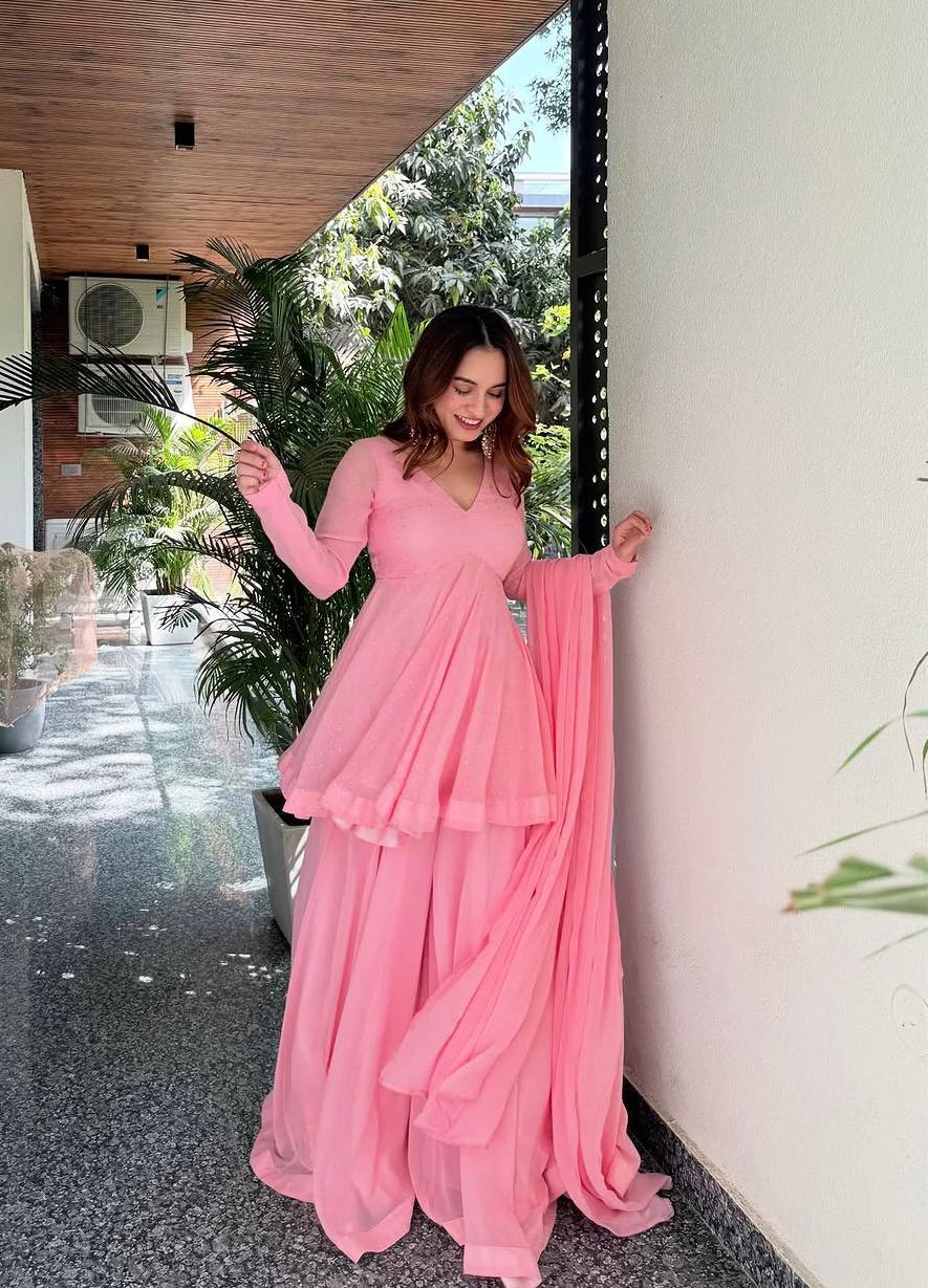 Yash Enterprise Pink Blooming Silk Party Wear Sharara Suit Set