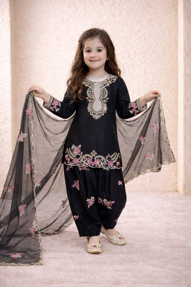 Evanik Black Designer Party Wear Heavy Natural Crep Kids Patiala Set