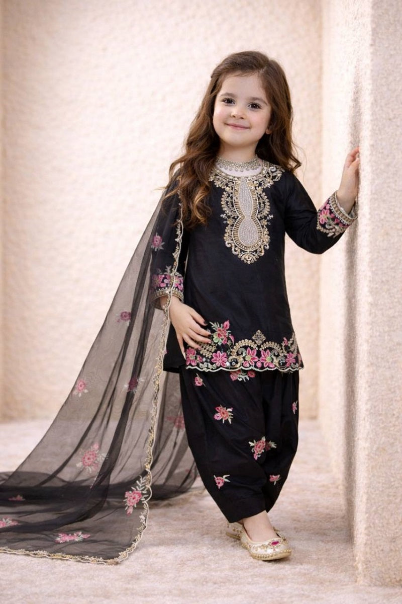 Evanik Black Designer Party Wear Heavy Natural Crep Kids Patiala Set