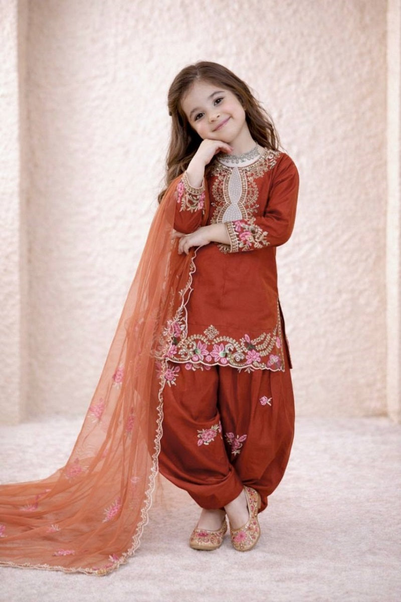 Evanik Orange Designer Party Wear Heavy Natural Crep Kids Patiala Set