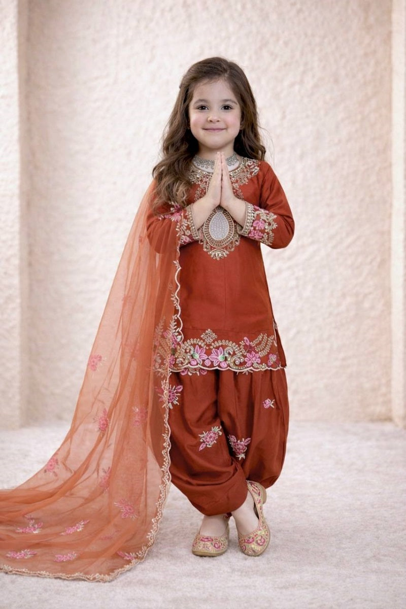 Evanik Orange Designer Party Wear Heavy Natural Crep Kids Patiala Set