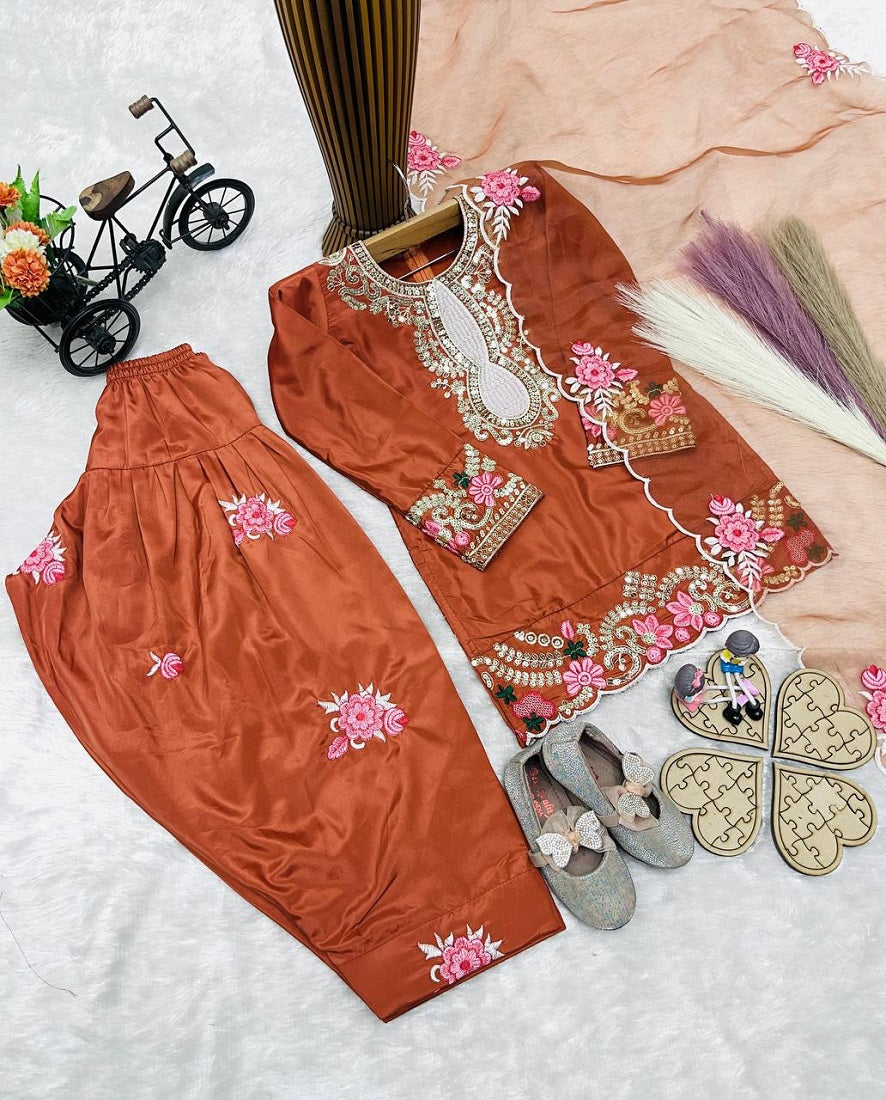 Evanik Orange Designer Party Wear Heavy Natural Crep Kids Patiala Set