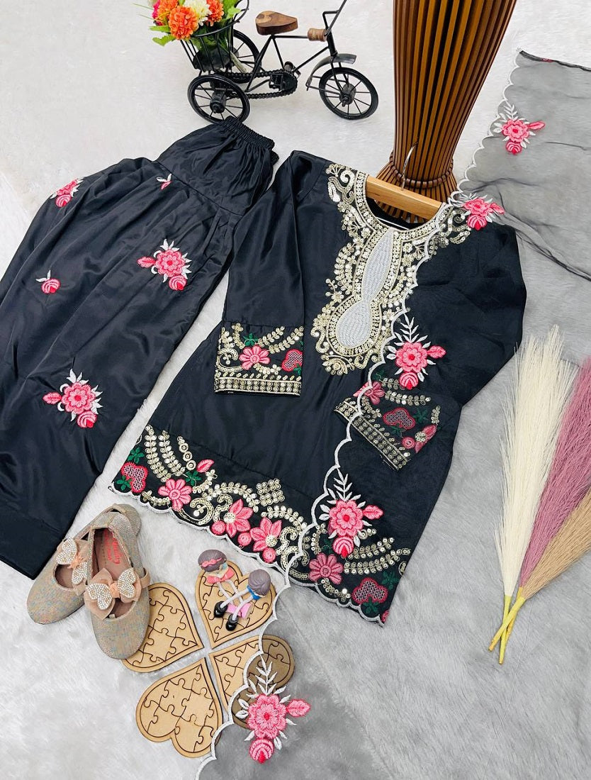 Evanik Black Designer Party Wear Heavy Natural Crep Kids Patiala Set