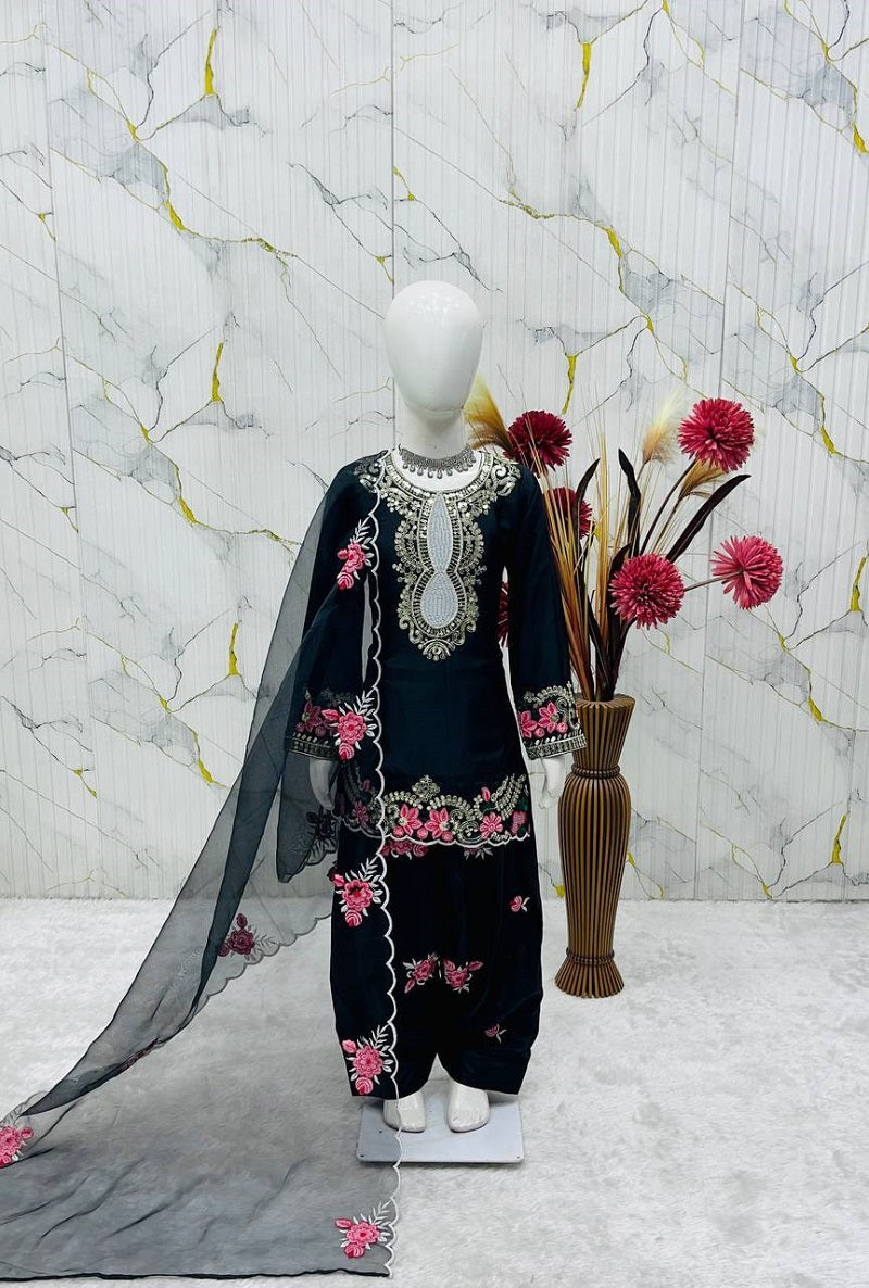Evanik Black Designer Party Wear Heavy Natural Crep Kids Patiala Set