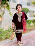 Evanik Maroon Designer Viscose Velvet Embroidered Work Kids Kurta Set