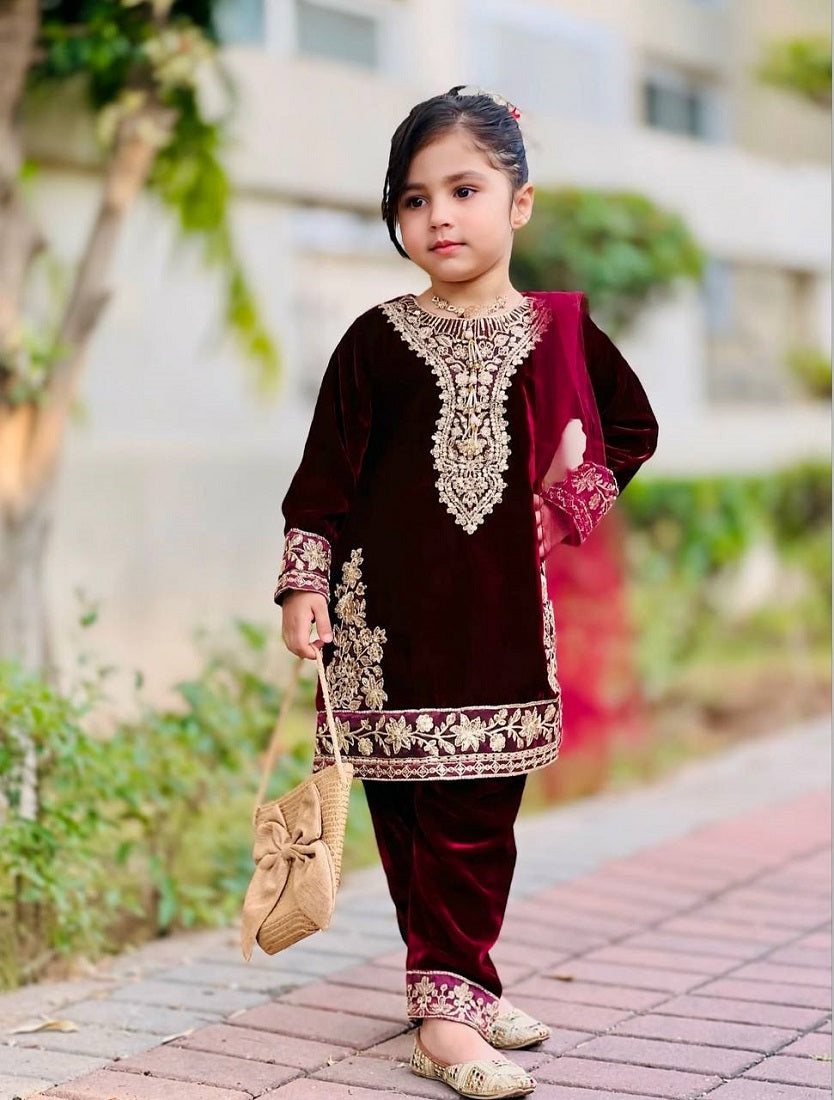Evanik Maroon Designer Viscose Velvet Embroidered Work Kids Kurta Set