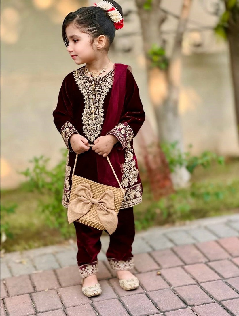 Evanik Maroon Designer Viscose Velvet Embroidered Work Kids Kurta Set