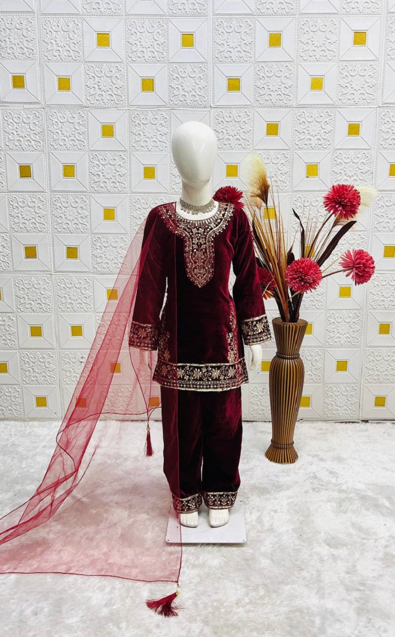 Evanik Maroon Designer Viscose Velvet Embroidered Work Kids Kurta Set